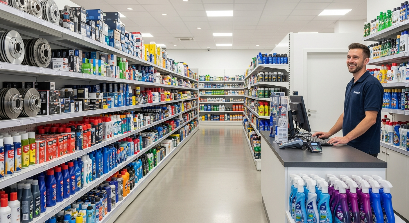 Shelves of boxed car parts including brake discs, filters and wiper blades in a UK parts store
