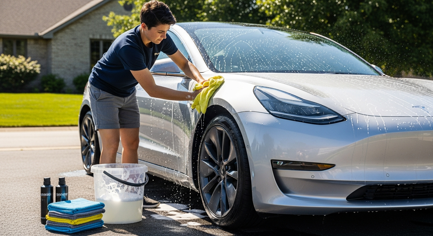 Person washing a car with a microfibre wash mitt and soapy water in a driveway