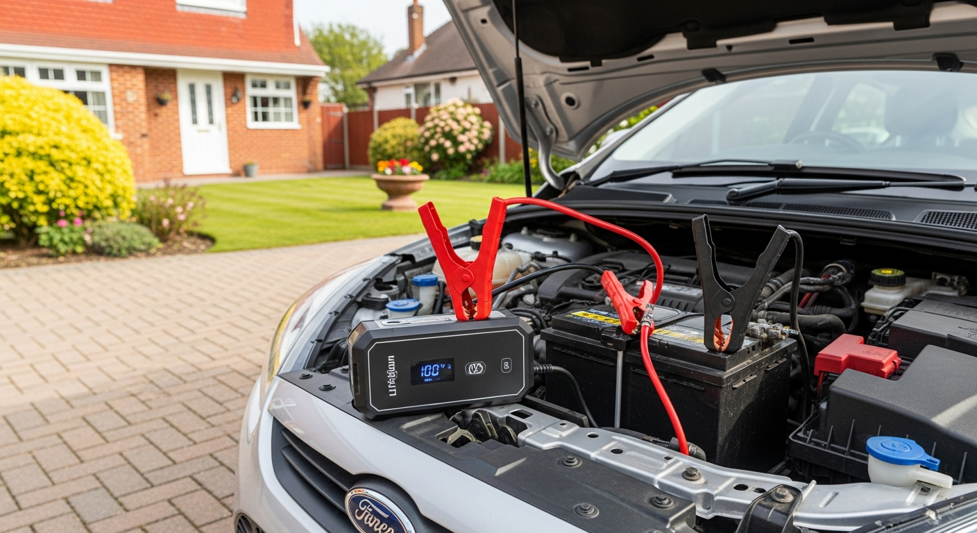 Portable jump starter connected to a car battery under the bonnet