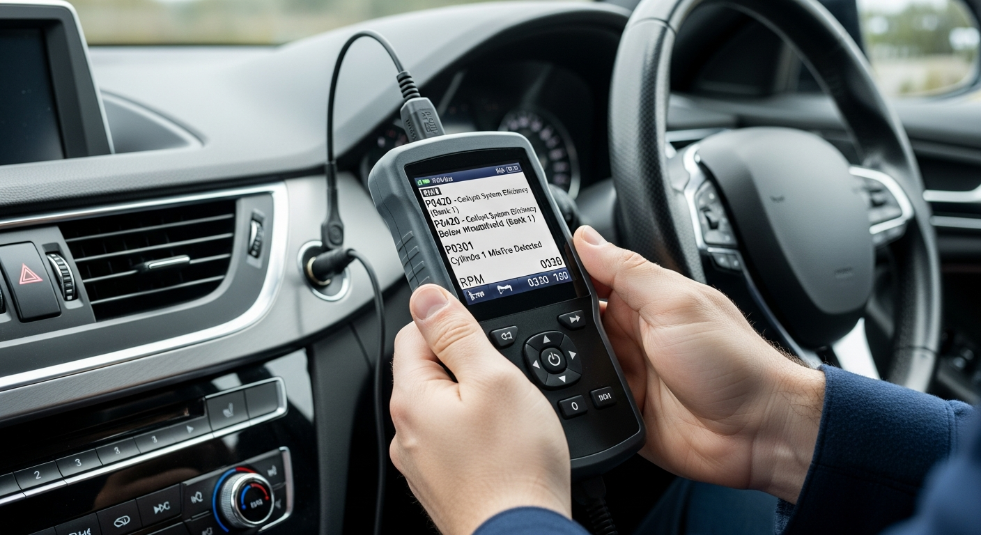 Handheld OBD2 diagnostic scanner plugged into a car showing fault codes