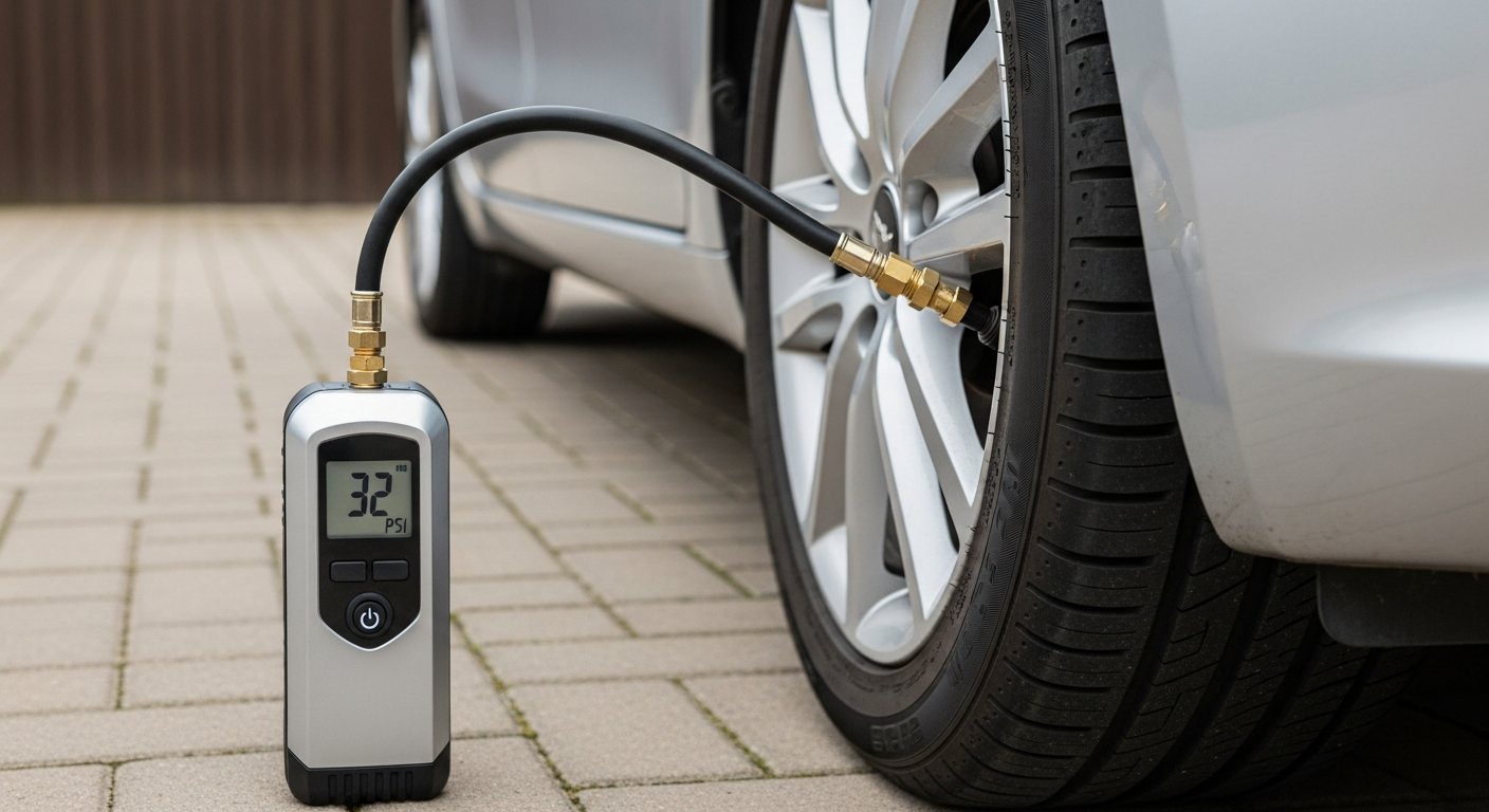 Cordless digital tyre inflator attached to a car tyre valve