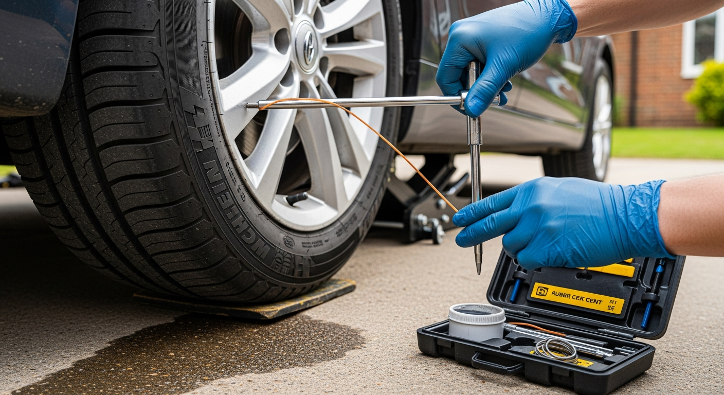 Using a tyre plug repair kit to fix a puncture in a car tyre